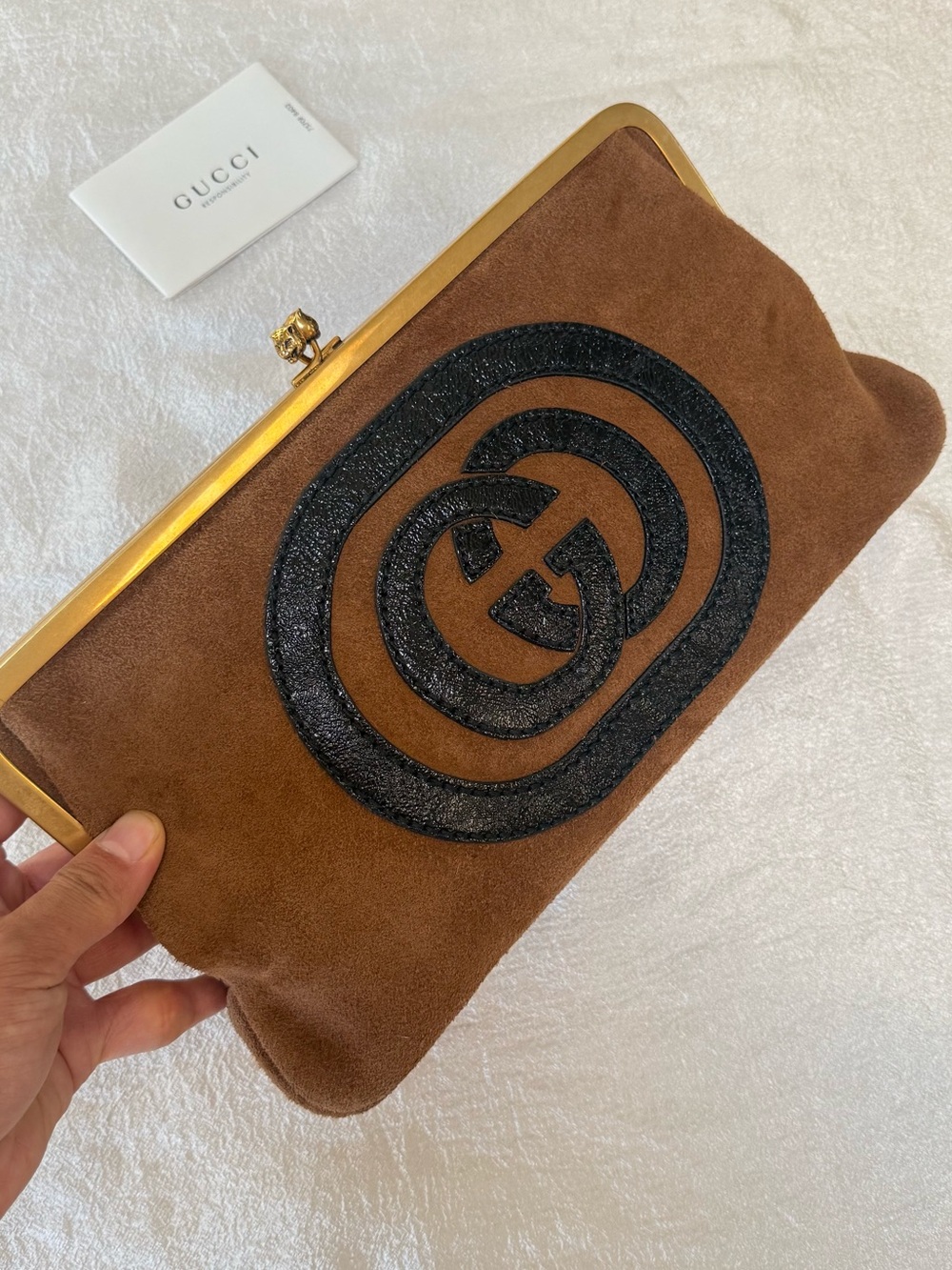 •••SOLD•••Auth Gucci Ophidia Kisslock Frame Clutch Suede Medium In Brown - Picture 12 of 17